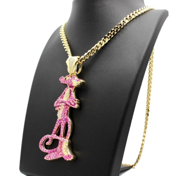 ICED OUT PINK PANTHER & 6mm 30" CUBAN CHAIN - Picture 2 of 6
